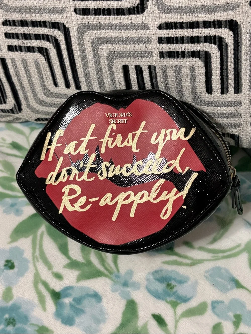 Victoria's Secret Black Cosmetic Bag with Red Lip Graphic and Gold Script
